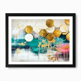 Rich Oil on Canvas with Abstract Golden Hexagons and Splashes of Turquoise Art Print