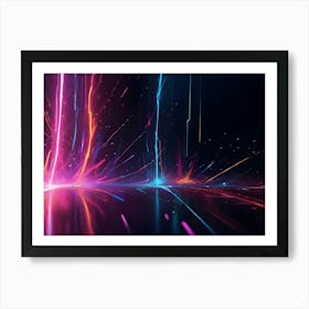 Abstract Background With Streaks Of Blue, Pink, And Orange Light Bursting From A Central Point, Creating A Dynamic And Energetic Effect On A Dark, Reflective Surface 1 Art Print