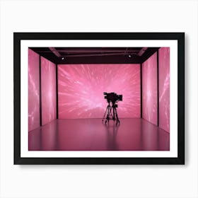 A Black And White Image Of A Camera On A Tripod In A Room With Pink, Glowing Lights Art Print