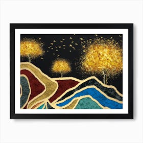 Golden Trees and Colorful Mountains Art Print