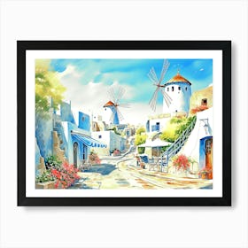 Santorini Greece Watercolor Painting Art Print