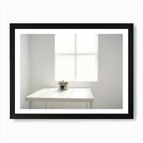 A Minimalist Image Of A Vintage Camera On A White Table With A Window In The Background, Representing A Photography Studio Or Creative Space Art Print