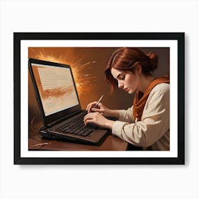 A Young Woman With Auburn Hair Is Typing On A Laptop Computer With A Glowing Screen Art Print