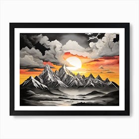 Vintage Sunset In The Mountains Black and Grey Art Print