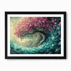 3d Tree with Pastel Green and Fuchsia Leaves and Feathers Art Print