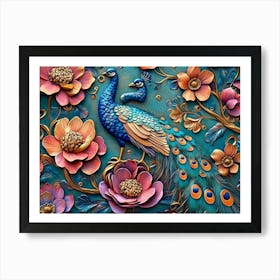 Elegant Leather Base Combines Bright Color Floral with Exotic Oriental Pattern Flowers and Peacocks 3 Art Print