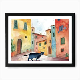 Black Cat In Siena, Italy, Street Art Watercolour Painting 1 Art Print