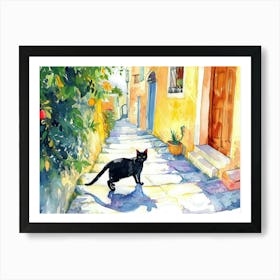 Athens, Greece   Black Cat In Street Art Watercolour Painting 3 Art Print