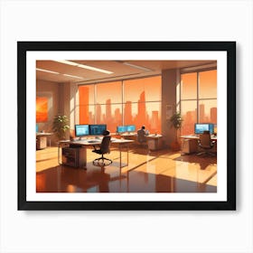 A Modern Office Interior With Large Windows Overlooking A Cityscape At Sunset Art Print