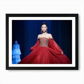 Asian Woman Posing Effortlessly In Haute Couture High Fashion Runway Walk Lavish Fabrics Cascading Art Print