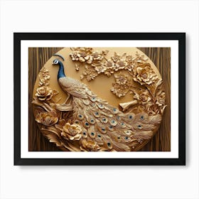 Golden 3d Peacock Floral Wooden 1 Art Print