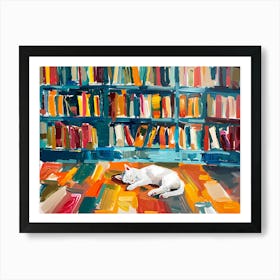 White Cat In The Library - Sleeping Art Print