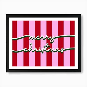 Merry Christmas Word Art Stripy Red and Pink Art Print