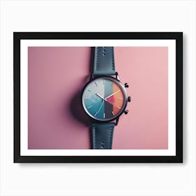 A Wristwatch With A Blue, Green, And Orange Face And A Blue Leather Strap, On A Pink Background Art Print