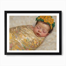 Newborn Baby In A Yellow Flower Crown in Klimt Style Art Print