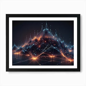 Abstract Geometric Mountain Landscape Made Of Glowing Lines And Points Of Light Art Print