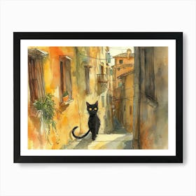 Black Cat In Foggia, Italy, Street Art Watercolour Painting 1 Art Print