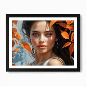 Artistic portrait beautiful woman blue eyes behind orange autumn leaves 1 Art Print