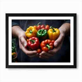 Close Up Of Colorful Bell Peppers Held In Hands With A Blurred Background Art Print