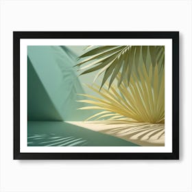 Close Up Of A Palm Leaf Against A Green Background, With Shadows From The Sun Creating A Tropical And Summery Vibe Art Print