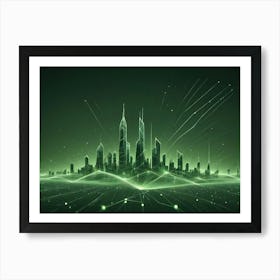 Abstract Image Of A Futuristic Cityscape With Glowing Green Lines Connecting The Buildings, Resembling A Network Or Digital Landscape Art Print