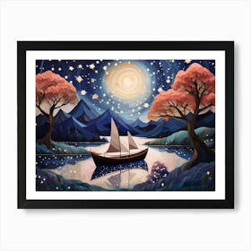 A Boat At Night Among Cherry Trees Art Print