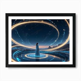 A Woman In A White Dress Stands On A Platform Surrounded By Glowing Rings Of Light In A Futuristic Landscape, Suggesting A Journey Or A Portal Art Print