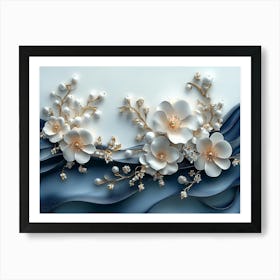 3d Artwork Illustration White And Blue Background With Golden Jewelry And Flowers, In Black Design 1 Art Print