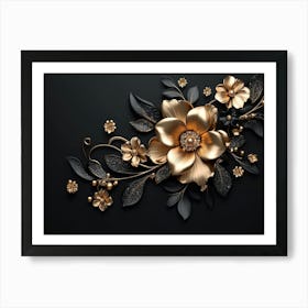 Gold Flowers On Black Background 13 Art Print