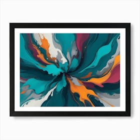 Abstract Art With Swirling Strokes Of Teal, Orange, And White Paint Against A Dark Background, Creating A Sense Of Movement And Energy Art Print