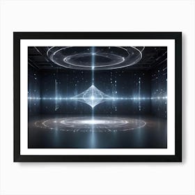 A Dark, Empty Room With Glowing Geometric Shapes And Lines, Suggesting A Futuristic Or Digital Space Art Print