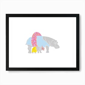 Hippos With Pool Donut Ringo And Snorkel, Fun Safari Animal Print, Landscape Art Print