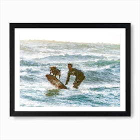 Surfer And His Dog Surfing Oil Painting Landscape Art Print