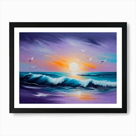 Seagulls over the Sea by the Beach at Sunrise - Color Canvas Oil Paint Style Art Print