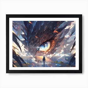Surrealistic legendary dragon eye over a stunning lake Art Print