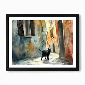 Black Cat In Trieste, Italy, Street Art Watercolour Painting 2 Art Print