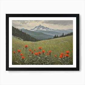 Vintage Oil Painting of indian Paintbrushes in a Meadow, Mountains in the Background 2 Art Print