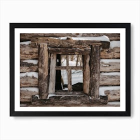 Snowy Log Cabin Window Art Print