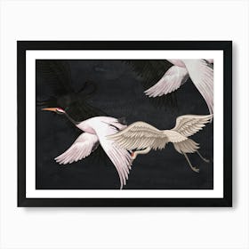 Beautiful Japanese Flying Birds Black Watercolor Painting Art Print