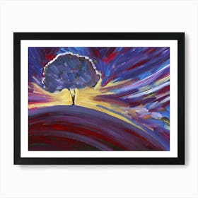 Sunset Tree - hand painted artwork purple blue yellow nature sky landscape horizontal bedroom living room brushstrokes Art Print