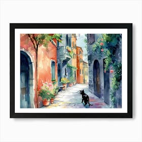 Black Cat In Pisa, Italy, Street Art Watercolour Painting 2 Art Print