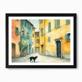 Black Cat In Modena, Italy, Street Art Watercolour Painting 4 Art Print
