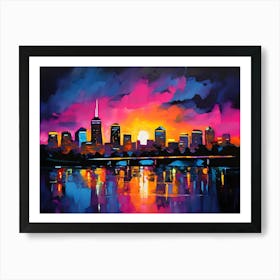 Vibrant Sunset Cityscape Reflection Art Print