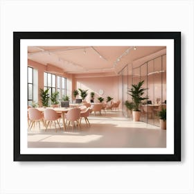 A Modern Office Interior With A Pink Color Scheme, Featuring Large Windows, Plants, And Stylish Furniture, Creating A Bright And Airy Workspace Art Print