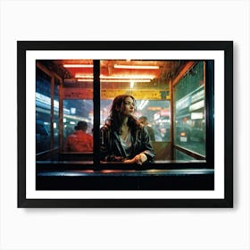 Late Evening Street Photography A Serenely Pensive Woman Perched Inside A Bus Shelter Surrounded B Art Print