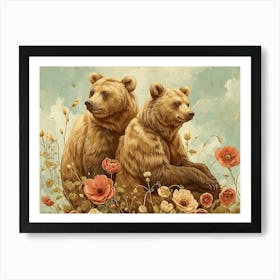 Floral Animal Illustration Grizzly Bear 3 Art Print