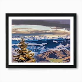 Mountain Landscape with Pine Tree in Alta Badia Italian Alps Dolomites. The image depicts a breathtaking mountain landscape with a single pine tree in the foreground. The tree stands tall against a backdrop of snow-capped peaks, layered with rolling hills and valleys. The sky is a mix of soft blues and grays, with wispy clouds adding depth and texture. The scene is bathed in a warm, golden light, suggesting a late afternoon or early evening setting. Art Print