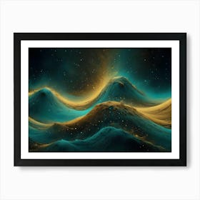 Abstract Digital Artwork Of A Fantastical, Glowing, Teal And Gold Landscape With Mountains And A Starry Sky Art Print