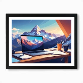 A Laptop On A Wooden Desk With A Mountain Range On The Screen Art Print