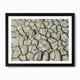 Cracked Earth Texture in Camargue. The image showcases a close-up view of cracked earth, revealing a network of intricate fissures and crevices. The dominant color is a muted gray, with subtle variations in shade and texture. The cracks are deep and pronounced, creating a sense of dryness and aridity. The overall mood is one of desolation and harshness, highlighting the effects of drought or lack of moisture. 3 Art Print